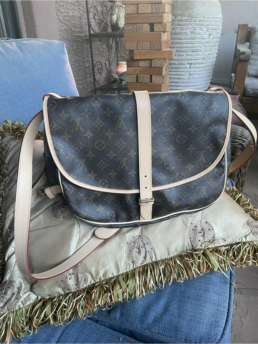 Louis Vuitton Monogram Canvas Messenger Bag with Natural Leather Trim